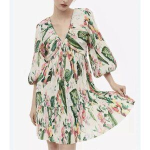 H&M Plisse Pleats Dress V Neck Pink Floral Garden fairycore Swing romantic